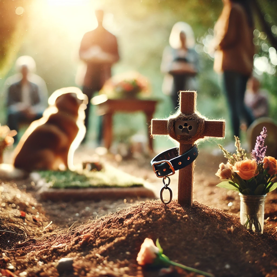 Pet funeral featuring a a pet cemetery with crosses in the foreground and a pet sitting beside the grave.
