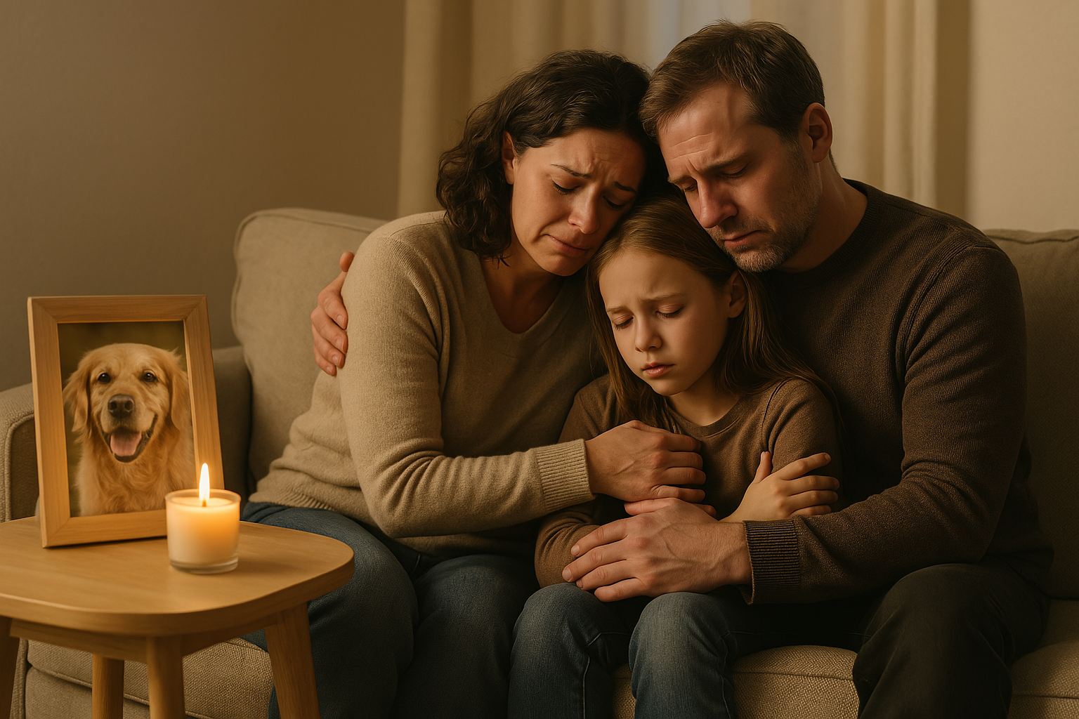 Mother father and child offering comfort to each other with a photo of deceased pet beside them