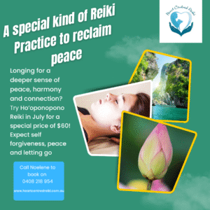 An image showing a person receiving reiki a lotus flower and a tropical water fall. The words are A special kind of Reiki Practice to reclaim peace Longing for a deeper sense of peace, harmony and connection? Try Ho’oponopono Reiki in July for a special price of $60! Expect self forgiveness, peace and letting go