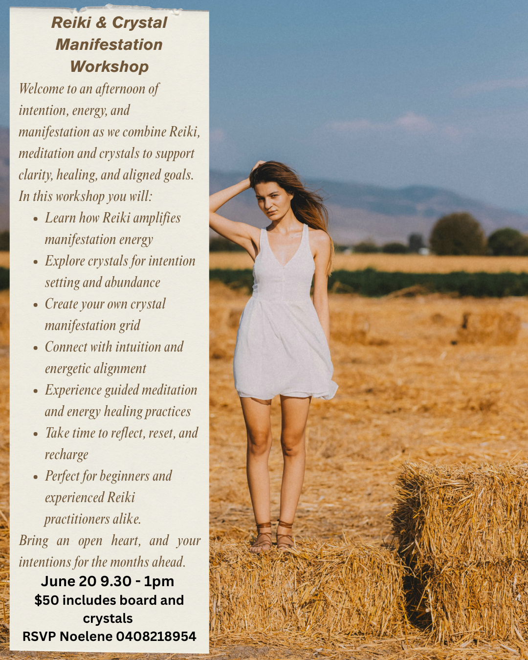 Photo of a woman standing on a haybale with mountains in backfround similar to landscape at Heart Centred Reiki